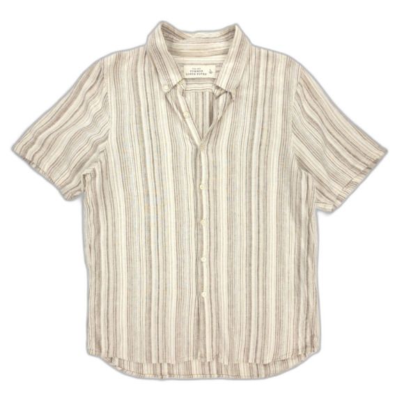 ABERCROMBIE Camp Collar Summer Linen Blend Shirt Ecru Stripe Button Down Resort - Picture 1 of 5